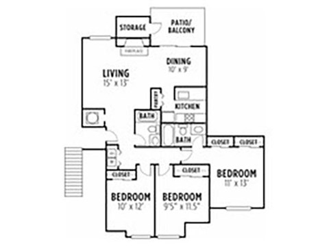 Floor plan for 3 beds, 2 baths, 1160 sqft