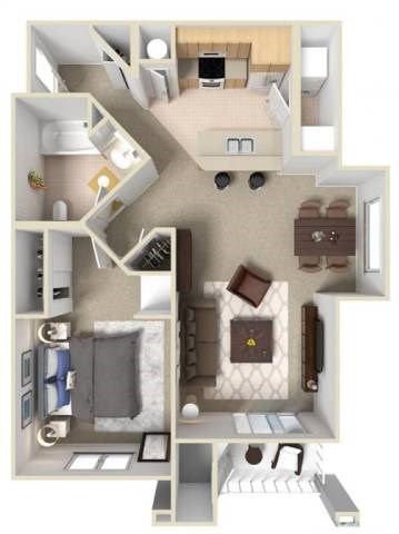 Floor plan for 1 bed, 1 bath, 821 sqft