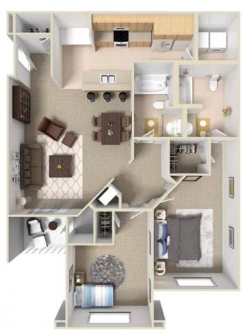Floor plan for 2 beds, 2 baths, 1063 sqft