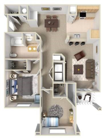 Floor plan for 2 beds, 1 bath, 999 sqft