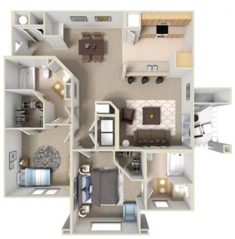 Floor plan for 2 beds, 2 baths, 1097 sqft
