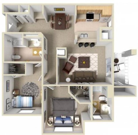 Floor plan for 2 beds, 2 baths, 1074 sqft
