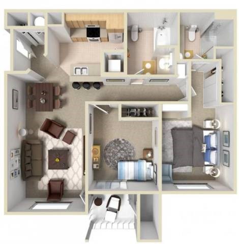Floor plan for 2 beds, 2 baths, 1055 sqft