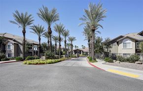 Gilbert apartment for rent - A street with palm trees and houses on both sides.