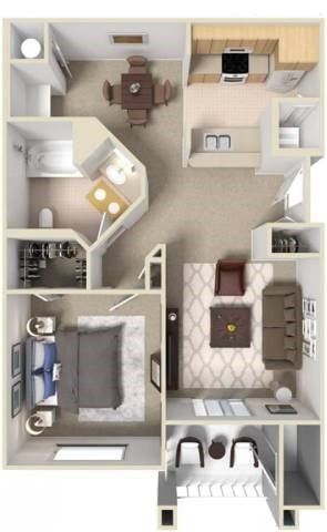 Floor plan for 1 bed, 1 bath, 882 sqft