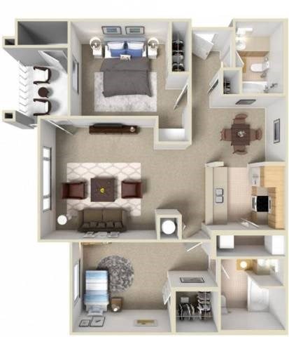 Floor plan for 2 beds, 2 baths, 1187 sqft