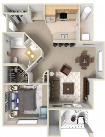 Floor plan for 1 bed, 1 bath, 875 sqft
