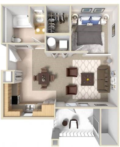 Floor plan for 1 bed, 1 bath, 678 sqft