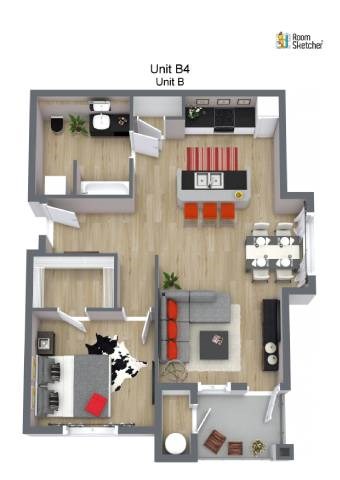 Floor plan for 1 bed, 1 bath, 777 sqft