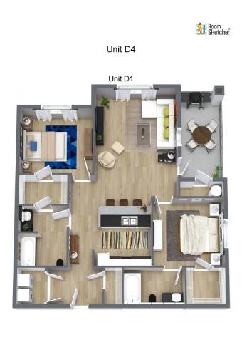 Floor plan for 2 beds, 2 baths, 1063 sqft