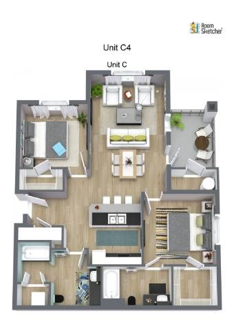 Floor plan for 2 beds, 2 baths, 1054 sqft