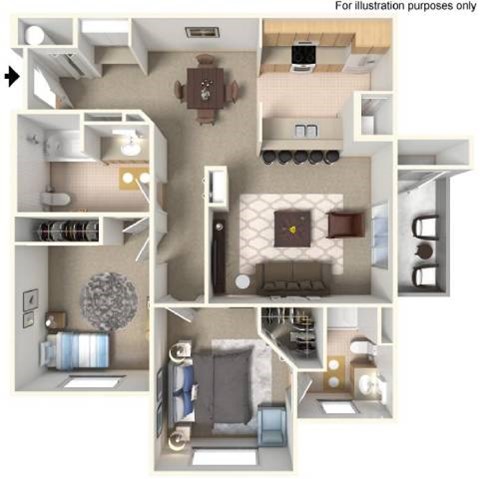 Floor plan for 2 beds, 2 baths, 1074 sqft