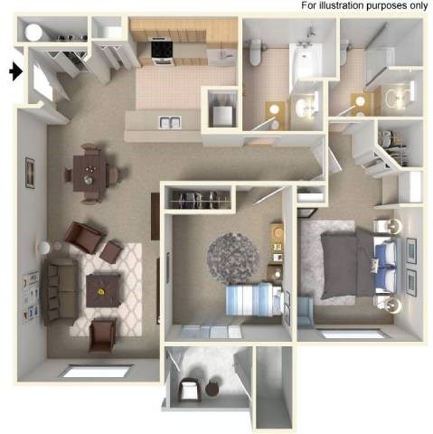Floor plan for 2 beds, 2 baths, 1055 sqft