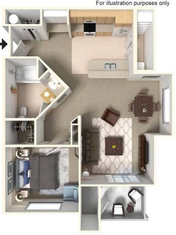 Floor plan for 1 bed, 1 bath, 786 sqft