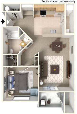 Floor plan for 1 bed, 1 bath, 786 sqft