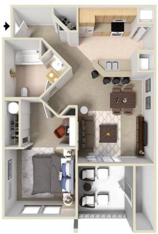 Floor plan for 1 bed, 1 bath, 672 sqft