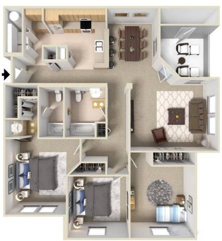 Floor plan for 3 beds, 2 baths, 1293 sqft