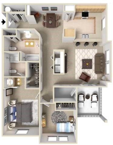 Floor plan for 2 beds, 2 baths, 1038 sqft