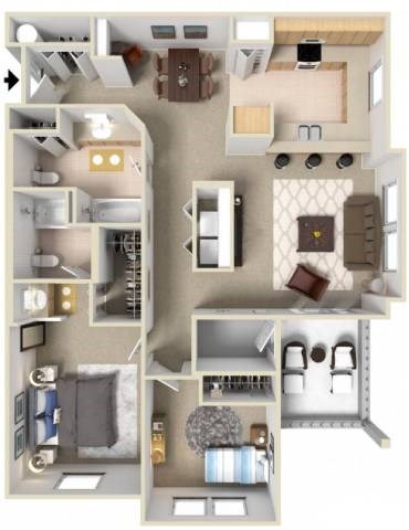 Floor plan for 2 beds, 2 baths, 1054 sqft