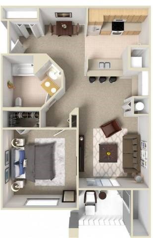 Floor plan for 1 bed, 1 bath, 906 sqft