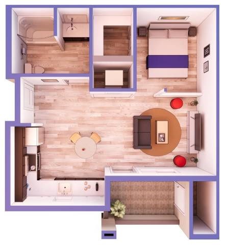 Floor plan for studio, 1 bath, 588 sqft