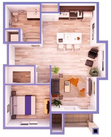 Floor plan for 1 bed, 1 bath, 775 sqft
