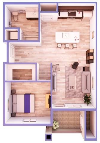 Floor plan for 1 bed, 1 bath, 777 sqft