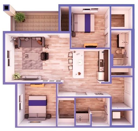 Floor plan for 2 beds, 2 baths, 1063 sqft