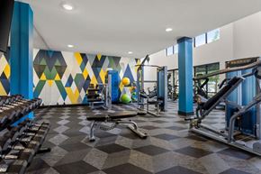 Fort Worth apartment for rent - A gym with a variety of equipment including weights and a leg press machine.