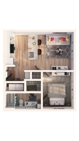 Floor plan for 1 bed, 1 bath, 654 sqft