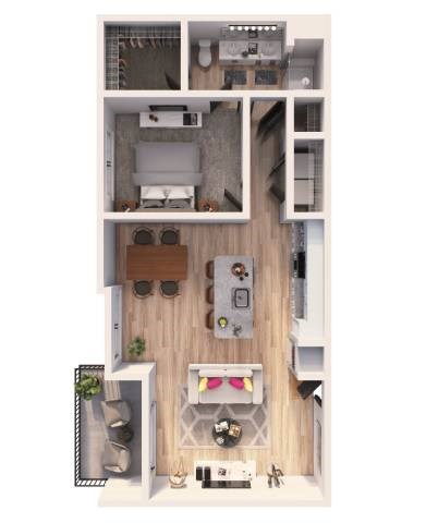 Floor plan for 1 bed, 1 bath, 880 sqft