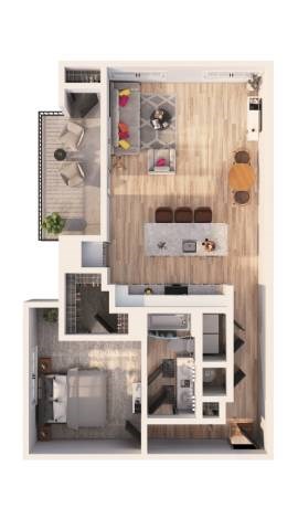Floor plan for 1 bed, 1 bath, 950 sqft
