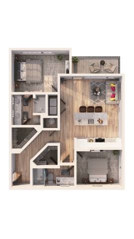 Floor plan for 2 beds, 2 baths, 1067 sqft