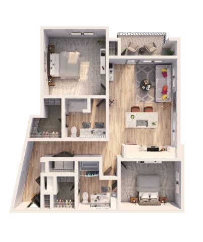 Floor plan for 2 beds, 2 baths, 1225 sqft
