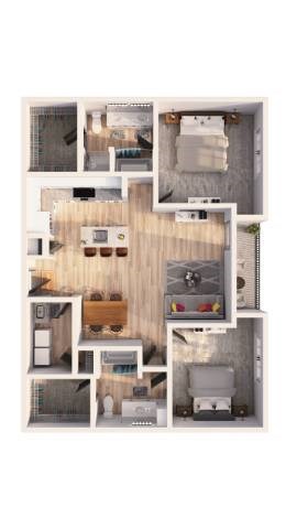 Floor plan for 2 beds, 2 baths, 1256 sqft