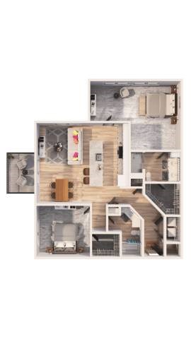 Floor plan for 2 beds, 2 baths, 1355 sqft