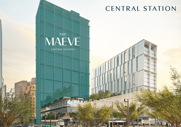 Phoenix apartment for rent - The Maeve Central Station is a large, modern building with a glass facade.