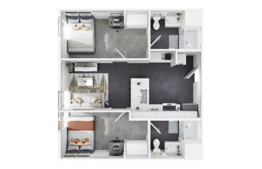 Floor plan for 2 beds, 2 baths, 729 sqft
