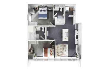 Floor plan for 2 beds, 2 baths, 860 sqft