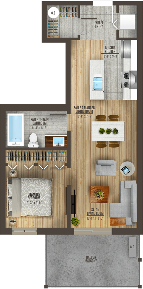 Floor plan for 1 bed, 1 bath, 735 sqft