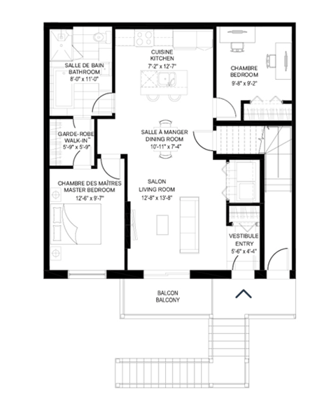 Floor plan for 1 bed, 2 baths