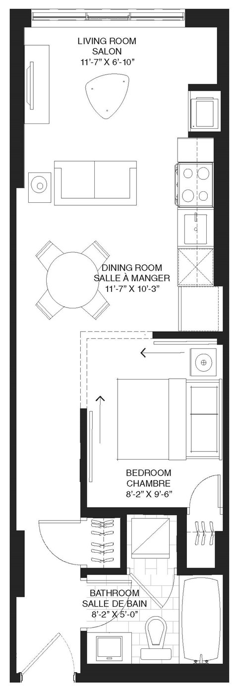 Floor plan for 1 bed, 1 bath, 570 sqft