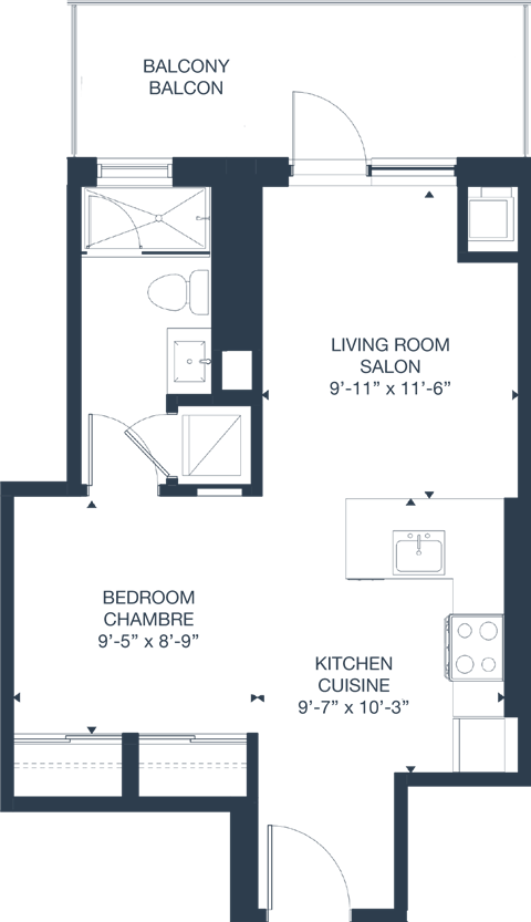 Floor plan for 1 bed, 1 bath