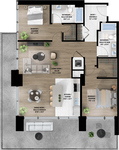 Floor plan for 2 beds, 2 baths, 1316 sqft