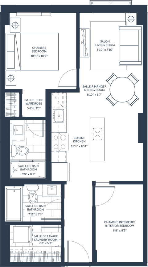 Floor plan for 2 beds, 2 baths, 985 sqft