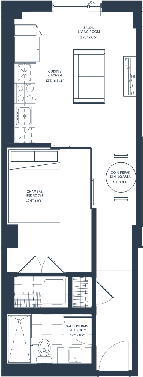 Floor plan for 1 bed, 1 bath, 476 sqft