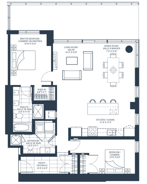 Floor plan for 2 beds, 2 baths, 1264 sqft