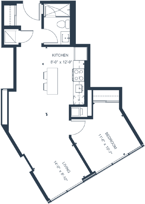 Floor plan for 1 bed, 1 bath, 751 sqft