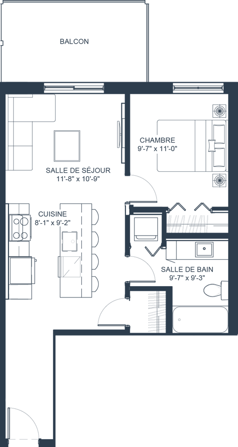 Floor plan for 1 bed, 1 bath