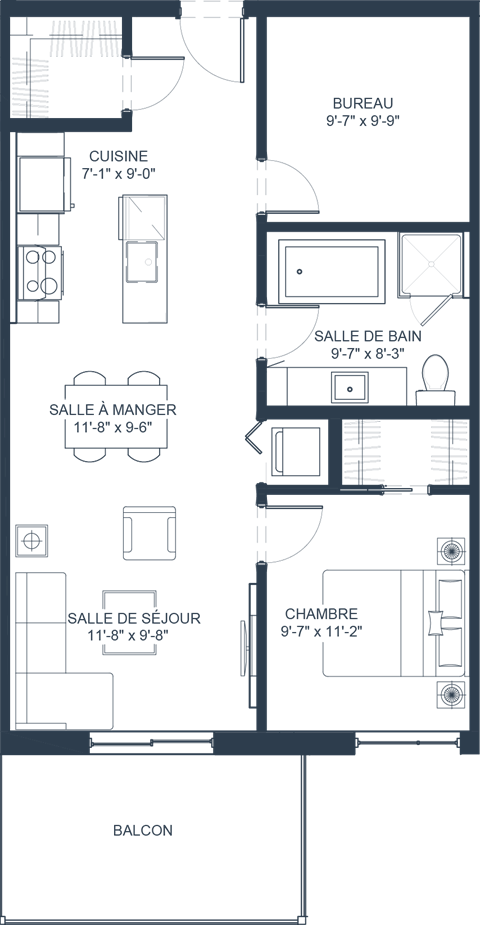 Floor plan for 2 beds, 1 bath, 623 sqft